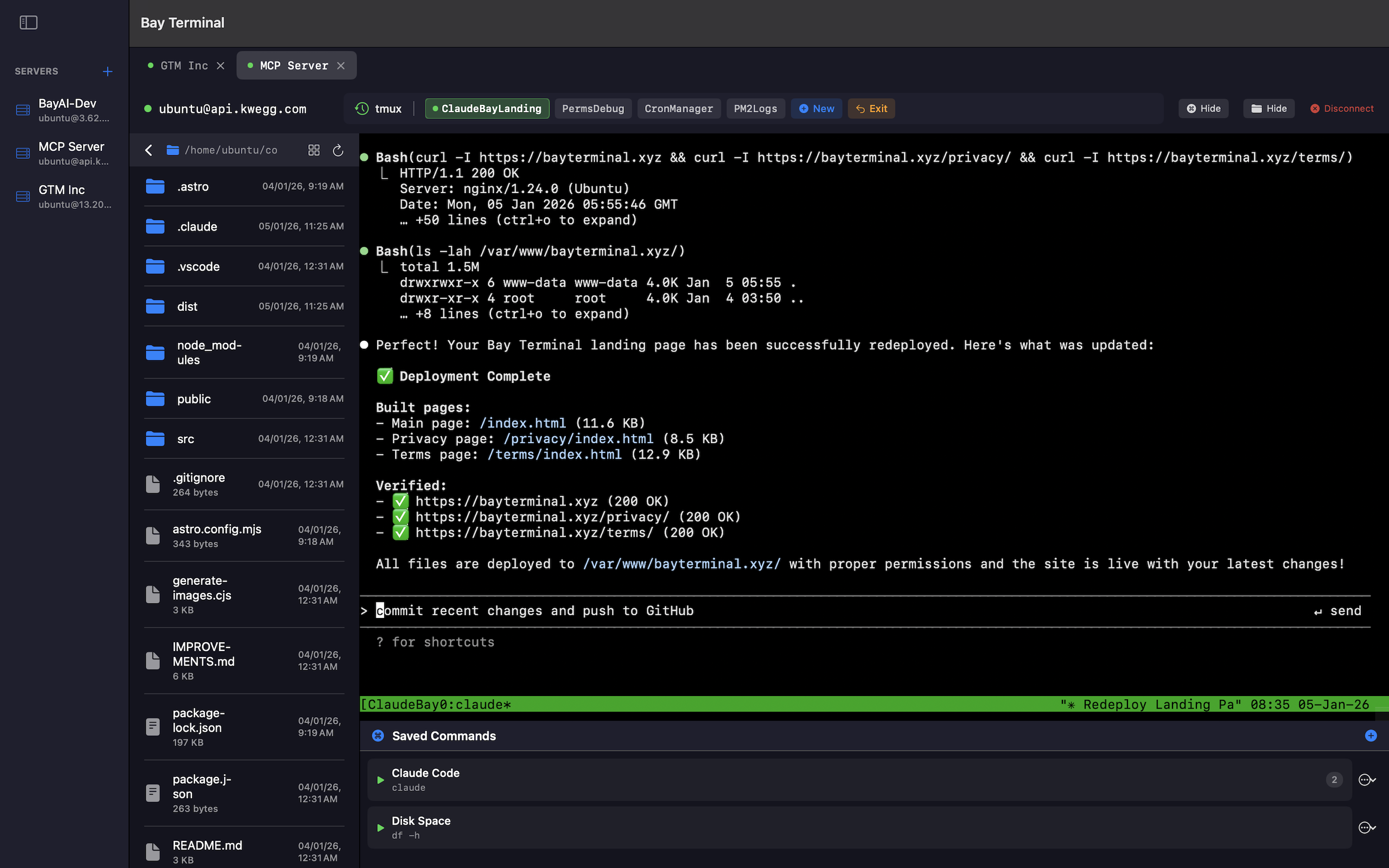 Bay Terminal interface showing file explorer, terminal, and tmux sessions